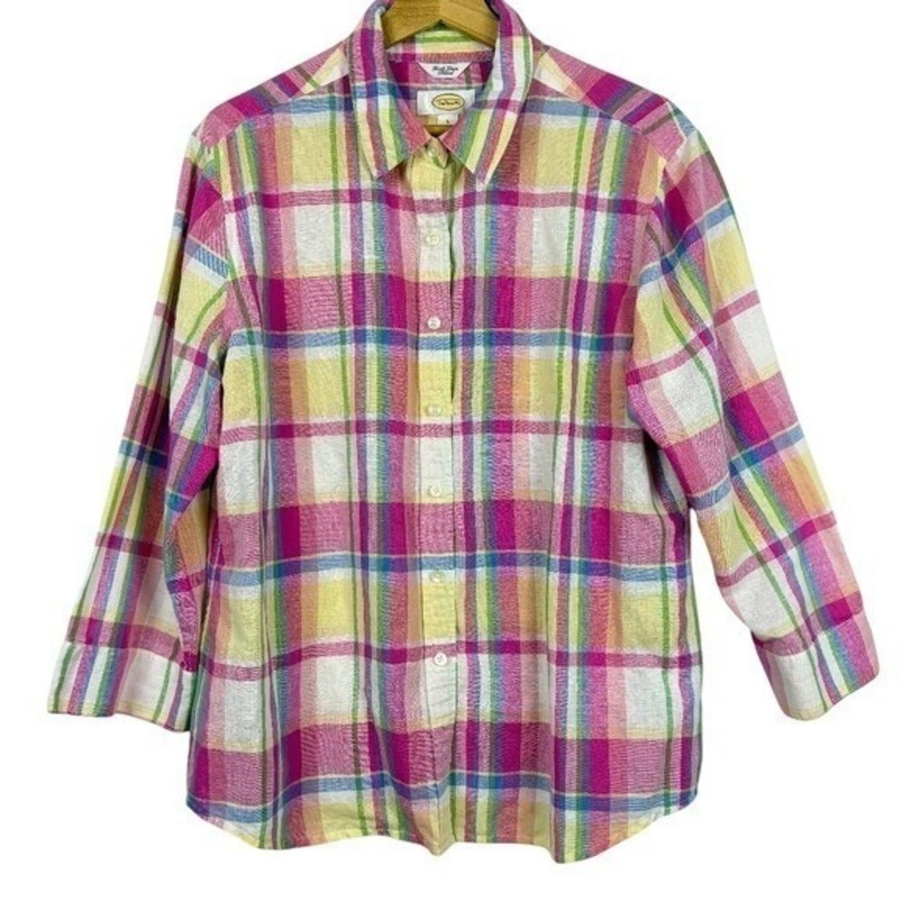 Talbots Women Irish Linen Long Sleeve Button Up‎ Plaid Shirt Sz L Breathable